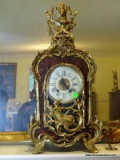 (LR) ANTIQUE FRENCH BRONZE ORMOLU AND BURLED WOOD CASE CLOCK WITH PORCELAIN DIAL, HAS ORIGINAL KEY-