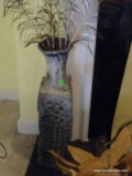 (LR) HEAVY GLAZED STONEWARE VASE WITH PEACOCK FEATHERS- 25 IN H- ITEM IS SOLD AS IS WHERE IS WITH NO
