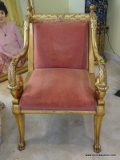 (LR) GOLD GILT FRENCH NEO CLASSICAL STYLE CHAIR WITH ACANTHUS CARVED ARMS WITH EMPIRE SCROLL,