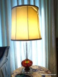 (LR) CRANBERRY AND ETCHED GLASS LAMP WITH SHADE- 31 IN H -- ITEM IS SOLD AS IS WHERE IS WITH NO