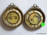 (LR) PR. OF ANTIQUE MINIATURE FRENCH PORTRAITS IN ROUND BRASS FRAMES WITH MOTHER OF PEARL INLAY- ONE