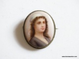 (LR) ANTIQUE HAND PAINTED MINIATURE PORTRAIT BROACH- 1.5 IN L- ITEM IS SOLD AS IS WHERE IS WITH NO