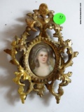 (LR) FRAMED ANTIQUE PAINTED MINIATURE PORTRAIT ON PORCELAIN IN CARVED GOLD FRAME- 5 IN X 6 IN, ITEM