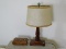 (UPBED 2) MAHOGANY LAMP WITH SHADE- 22 IN H AND A SWISS INLAID MUSIC BOX,ITEM IS SOLD AS IS WHERE IS