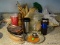 (KIT) ASSORTED LOT TO INCLUDE COFFEE CUPS, WOOD AND METAL SERVING DISHES, A LARGE LIDDED JAR, A