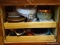 (KIT) CABINET LOT TO INCLUDE A MASON JAR, ASSORTED BUNDT PANS, A ROLLING PIN, AND MUCH MORE! ITEM IS