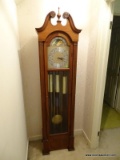 (STAIRS) SETH THOMAS CHERRY CASE GRANDFATHER'S CLOCK WITH SUN AND MOON DIAL- 18 IN X 12 IN X 76 IN,