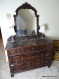 (UPBED 1) VINTAGE 1920'S OAK JACOBEAN STYLE DRESSER WITH MIRROR, HEAVILY CARVED, 3 DOVETAILED