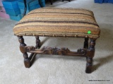 (UPBED) VINTAGE 1920'S OAK JACOBEAN STYLE FOOTSTOOL- 24 IN X 16 IN X 19 IN, ITEM IS SOLD AS IS WHERE