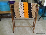 (UPBED 1) ANTIQUE WALNUT VICTORIAN QUILT RACK- 28 IN X 9 IN X 35 IN, INCLUDES AFGHAN, ITEM IS SOLD