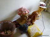 (UPBED 1) MISCELL. LOT- CONTAINS 2 VINTAGE STORE HEAD BUSTS WITH HATS, 2 STUFFED ANIMALS, WICKER
