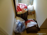 (UPBED 1) CLOSET LOT- 2 SETS OF SUITCASES, LADIES CLOTHING SIZE LARGE- 1X, CLOTHING STORAGE BAGS,