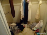 (UPBED 1) CLOSET LOT- CONTAINS WOMEN'S CLOTHING, VINTAGE CHILD'S DESS, MEN'S TIES, BAGS OF FABRIC,