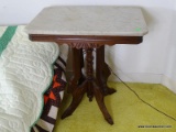 (UPBED 2) ANTIQUE WALNUT VICTORINA MARBLE TOP TABLE- 26 INX 17 IN. X 27 IN, ITEM IS SOLD AS IS WHERE