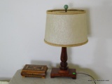 (UPBED 2) MAHOGANY LAMP WITH SHADE- 22 IN H AND A SWISS INLAID MUSIC BOX,ITEM IS SOLD AS IS WHERE IS