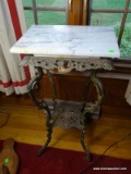 (FAM) ANTIQUE BRASS AND MARBLE FERN STAND WITH EXTRA PIECE OF MARBLE ON TOP- 14 IN X 14 IN X 30 IN,