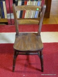 (FAM) CHILD'S OAK CHAIR- 14 IN X 12 IN X 26 IN, ITEM IS SOLD AS IS WHERE IS WITH NO GUARANTEES OR