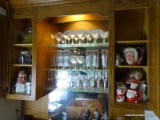 (FAM) BARWARE. LOT OF BAR GLASSES AND CONTENTS OF 2 UPPER CABINETS, MUGS, BESWICK TOBY MUG,