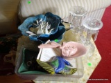 (FAM) ITEMS ON TABLE TOP- ART POTTERY FOUNTAIN, PAPERWEIGHT, PR. GLASS CANDLEHOLDERS, WALL