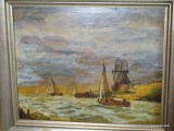 (FAM) ANTIQUE FRAMED OIL ON BOARD OF FISHING BOATS AND SEASHORE, IN GOLD FRAME- 16 IN X 14 IN. ITEM