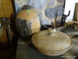 (FAM) ART POTTERY VASE AND LIDDED CONTAINER- VASE 14 IN H AND CONTAINER 13 IN DIA., ITEM IS SOLD AS