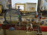 (FAM) METAL SCULPTURES- COWGIRL- 23 IN H, BRASS CHURCH- 13 IN H, PAINTED PANELS ON WIRE- 18 IN H AND