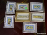 (FAM) 7 HAND PAINTED FRAMED ORIENTAL PLAQUES IN INLAID FRAMES- 6 IN X 4.5 IN, ITEM IS SOLD AS IS