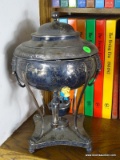 (FAM) SILVERPLATE HOT WATER URN WITH LIONS HEAD HANDLES- 14 IN H, ITEM IS SOLD AS IS WHERE IS WITH