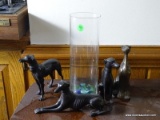 (FAM) 4 BRONZE WHIPPETS - 3 - 6 IN H AND 1- 6 IN L AND GLASS VASE-,ITEM IS SOLD AS IS WHERE IS WITH