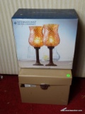 (FAM) STEEL FILE BOX AND INTERNATIONAL SILVER, SET OF 2 AMBER 14 IN LAMPS STILL IN BOX, ITEM IS SOLD