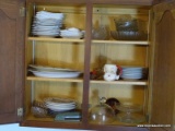 (KIT) CABINET LOT OF ASSORTED ITEMS TO INCLUDE A CHEESE DOME, ASSORTED PLATES, PLATTERS, A SANTA