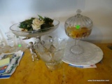 (KIT) ASSORTED LOT TO INCLUDE A GLASS PLATTER WITH A SILVER TONE CHERUB THEMED BASE, A LIDDED