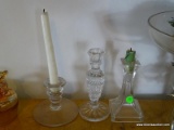 (KIT) 3 PIECE CANDLESTICK HOLDER LOT TO INCLUDE A CRYSTAL CANDLESTICK HOLDER, A SQUARE BASE