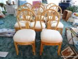 (KIT) SET OF 8 RATTAN DINING CHAIRS WITH CREAM UPHOLSTERED SEATS. EACH MEASURES 18 IN X 20 IN X 37