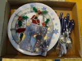 (KIT) TRAY LOT OF ASSORTED ITEMS TO INCLUDE FORKS, KNIVES, SPOONS, A STAINED GLASS WINDOW HANGER