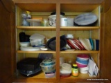 (KIT) CABINET LOT OF ASSORTED ITEMS TO INCLUDE TUPPERWARE, COFFEE MUGS, TUPPERWARE LIDS, ETC. ITEM