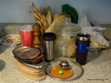 (KIT) ASSORTED LOT TO INCLUDE COFFEE CUPS, WOOD AND METAL SERVING DISHES, A LARGE LIDDED JAR, A