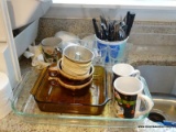 (KIT) ASSORTED LOT TO INCLUDE FORKS, KNIVES, SPOONS, A PYREX BAKING DISH, COFFEE MUGS, ETC. ITEM IS