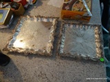 (KIT) PAIR OF SQUARE SILVER PLATED FOOTED SERVING PLATTERS. 1 MEASURES 14 IN X 14 IN AND 1 MEASURES
