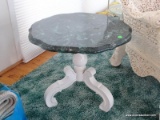 (SUN) PAIR OF GREEN MARBLE TOP AND WHITE BASE END TABLES/SIDE TABLES. EACH MEASURES 19 IN X 18 IN.