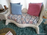 (SUN) UNIQUELY CARVED 1960'S ERA WHITE PAINTED SINGLE CUSHION SOFA WITH FOO DOG AND FLORAL CARVINGS.