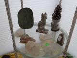(SUN) ASSORTED LOT TO INCLUDE A STONE CARVED DOG, A STONE CARVED WALRUS, ASSORTED STONE PIECES, ETC.