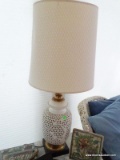 (SUN) PAIR OF BRASS AND PORCELAIN BLANC DE CHINE STYLE LAMPS WITH SHADES. EACH MEASURES 38 IN TALL.