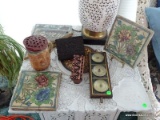 (SUN) ASSORTED LOT TO INCLUDE A BAROMETER, FLORAL PAINTED TILE, A POTTERY FACE STYLE VASE, ETC. ITEM