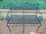 (OUT) CAST IRON AND MESHED WIRE PATIO BENCH WITH SCROLL STYLE ARMS. MEASURES 39 IN X 24 IN X 31 IN.