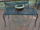 (OUT) CAST IRON AND MESHED WIRE PATIO COFFEE TABLE. MEASURES 34 IN X 17 IN X 16 IN. ITEM IS SOLD AS