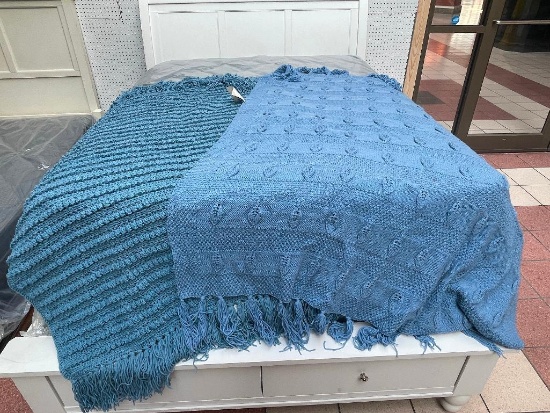 HANDMADE CROCHETED AND KNITTED BLUE AFGHAN BLANKETS WITH FRINGE (66L X 43W)