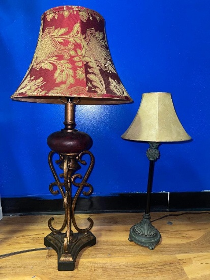 ORNATE METAL BASE LAMPS ONE WITH SCROLL THEME AND ONE WITH PINEAPPLE. TALLEST MEASURES ABOUT 35