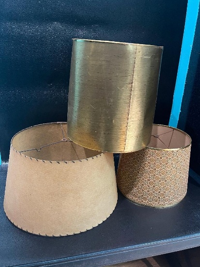 MID CENTURY MODERN BARREL LAMP SHADES IN GOLD TONES & RAWHIDE (19 INCH DIA)