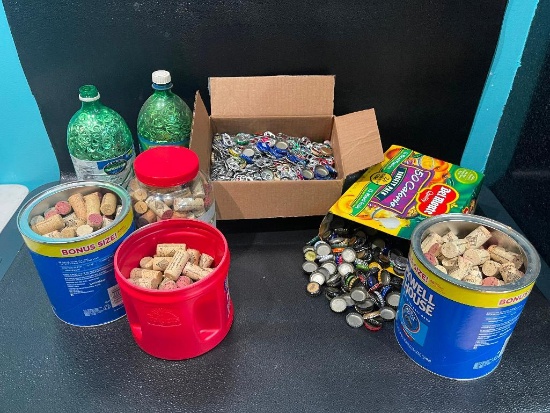 CONTAINERS OF CORKS, BEER CAN CAPS AND POP TABS FOR CRAFTS AND ART PROJECTS